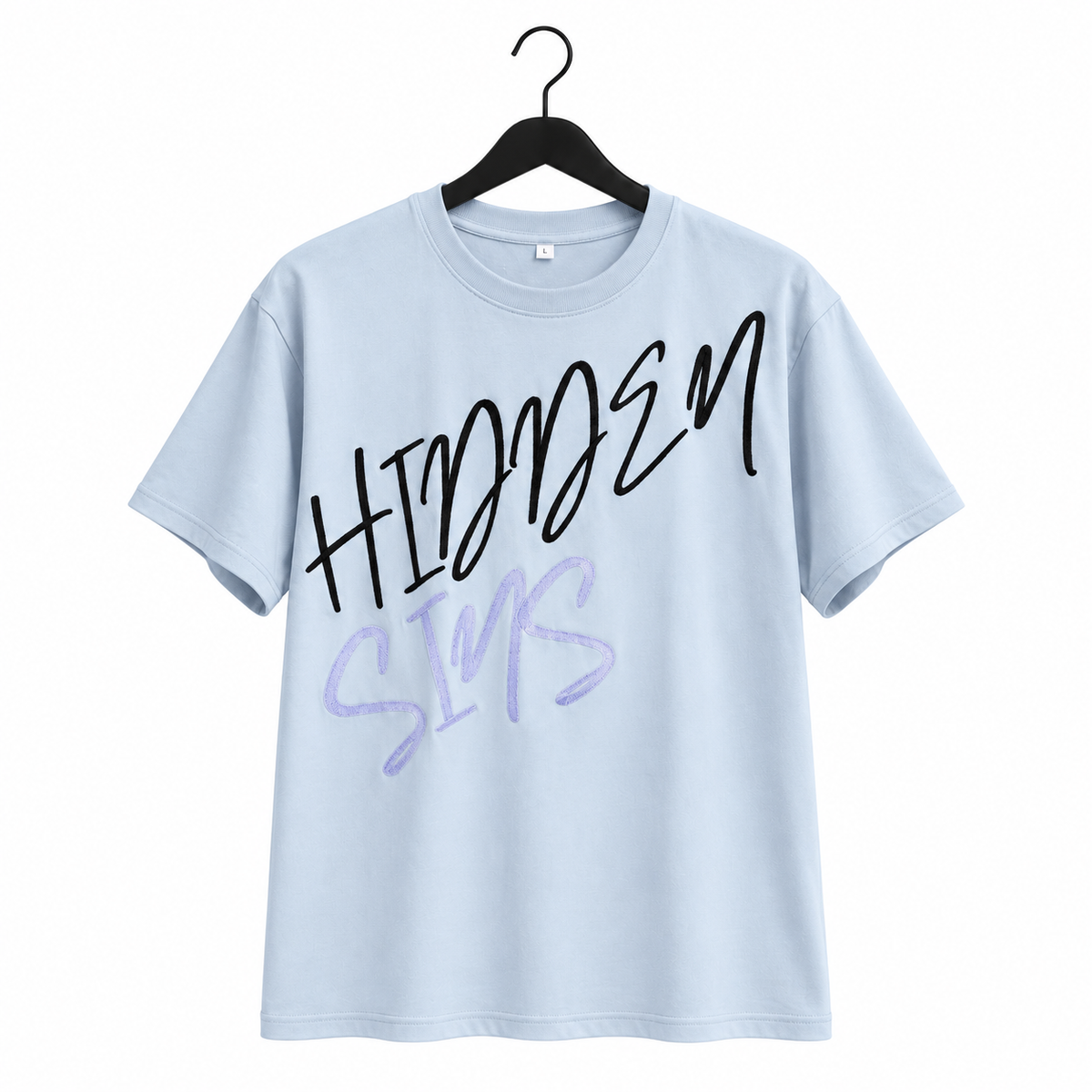 Toormi Tee - Pastel Blue — front on black hanger
